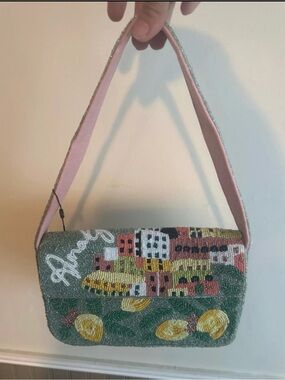 Hand-Beaded Shoulder Bag in Green and Pink